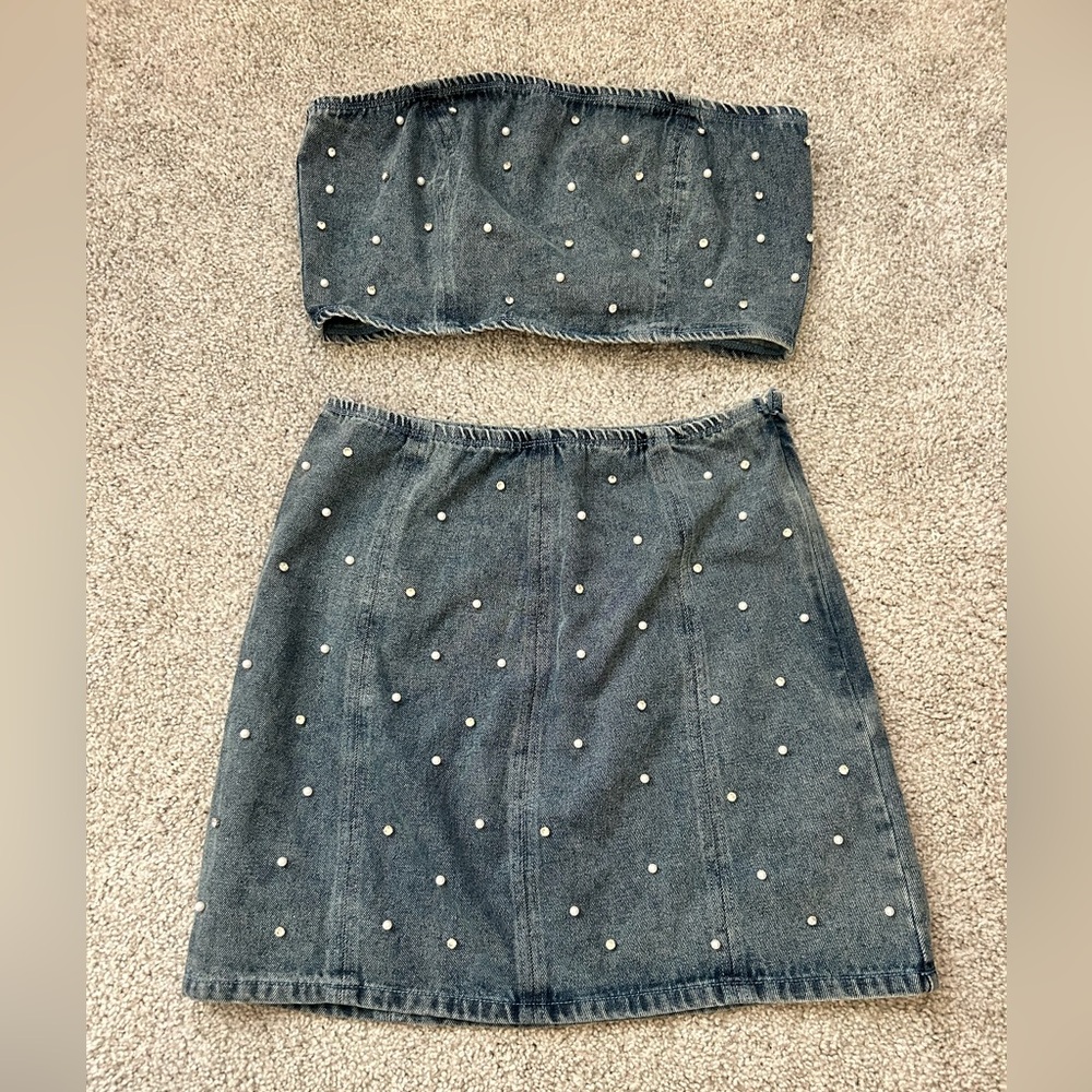 Lulu's Blue Denim Skirt Set with Pearl Details